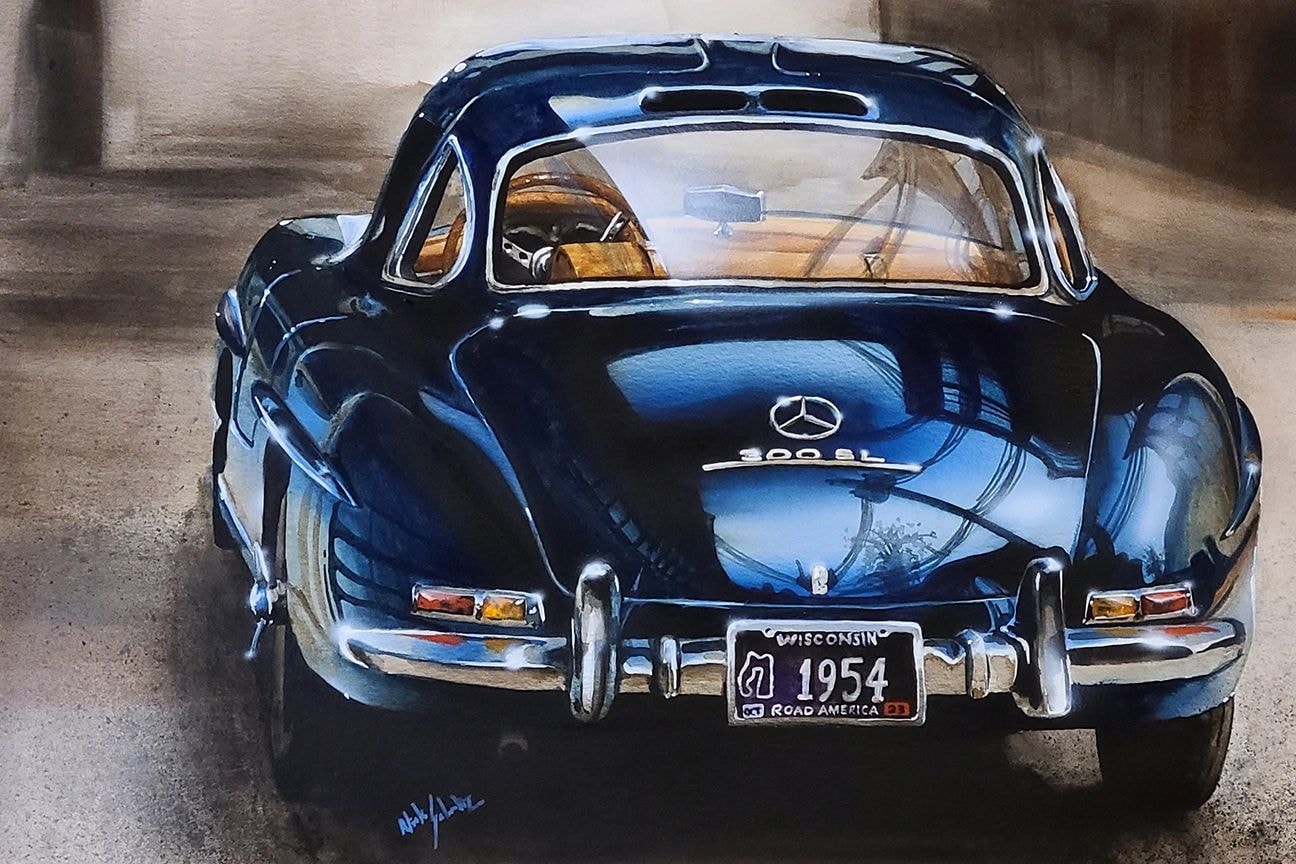 Vintage automotive art by Nick Schultz